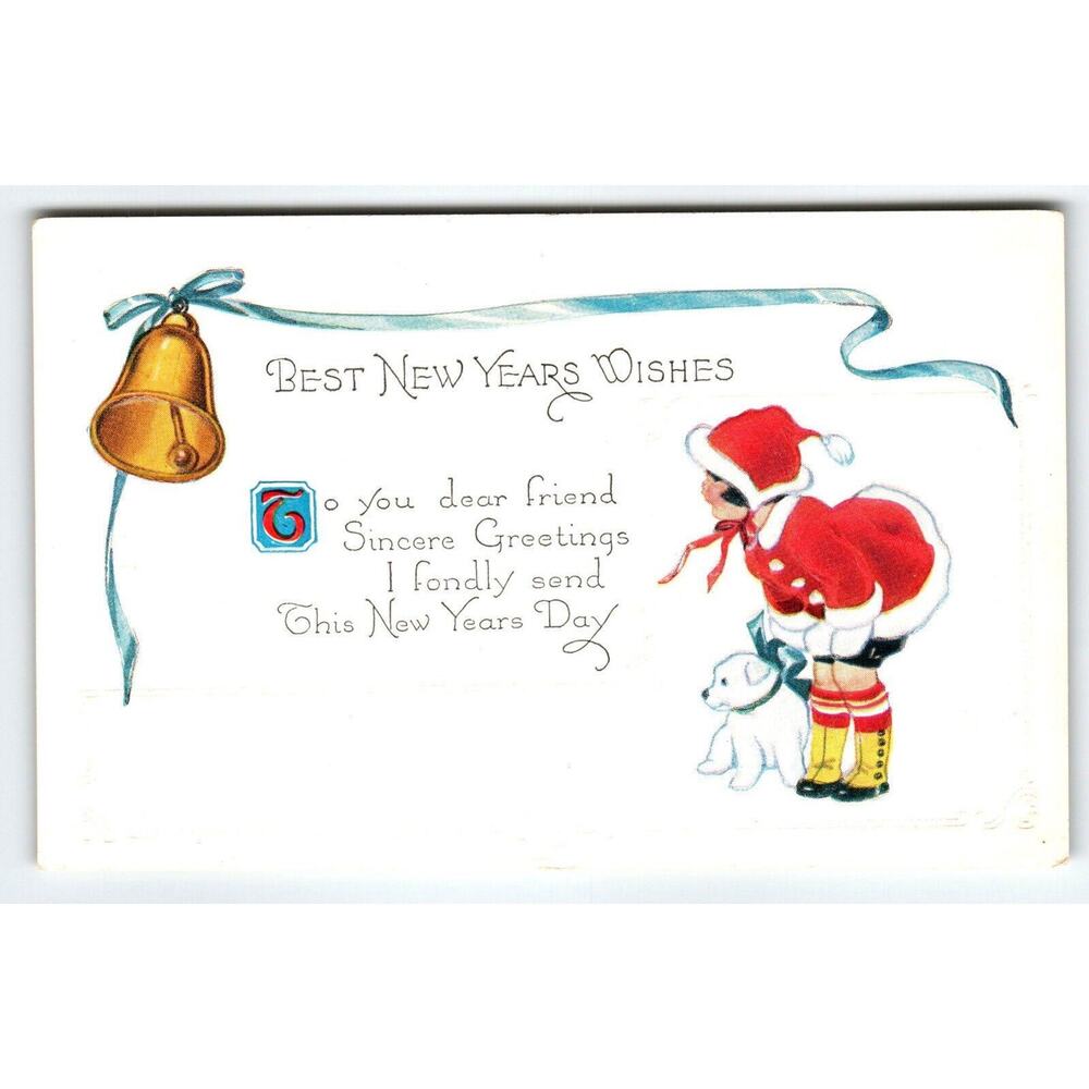 New Year Postcard Sweet Girl White Puppy Dog Santa Suit Bell Embossed Series 327